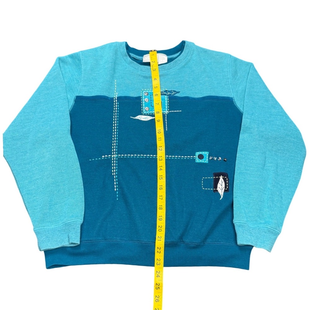 Koret Knit Colorblock Sweatshirt Teal Blue Patchwork Graphic Womens M - Picture 6 of 6